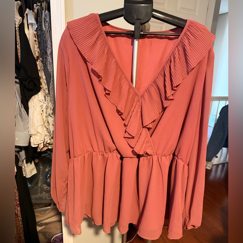 Boho chic Ruffled V-Neck Blouse tunic burnt orange Coral plus size 28 Coachella